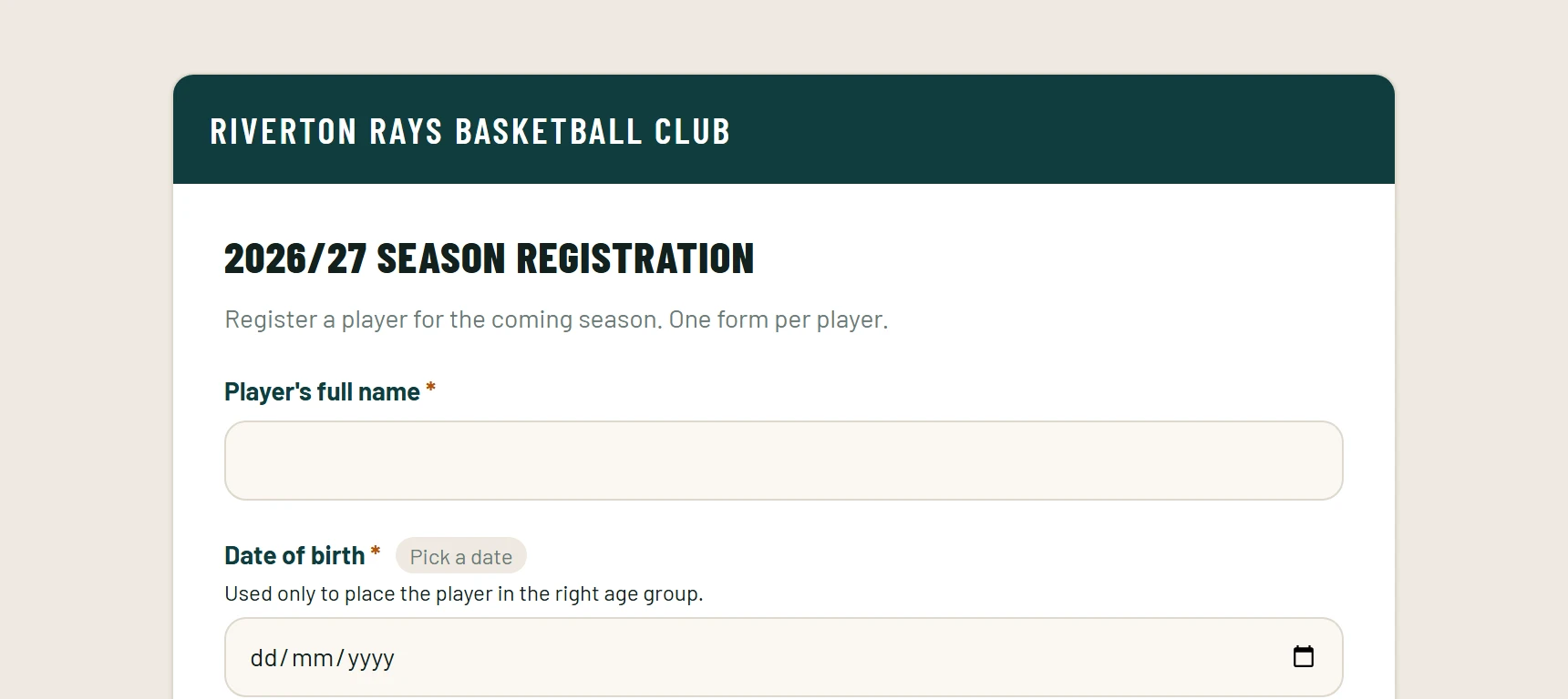 A club's season registration form as a family sees it, branded to the club and filled in from a phone or a laptop