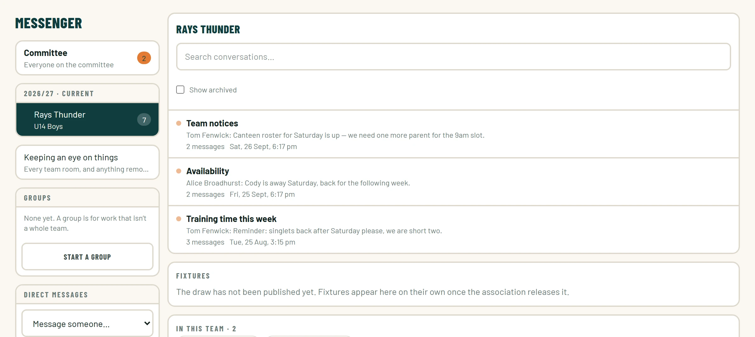 A CMN Hub team room — notices, availability and training conversations for one age group, with its coach and manager listed
