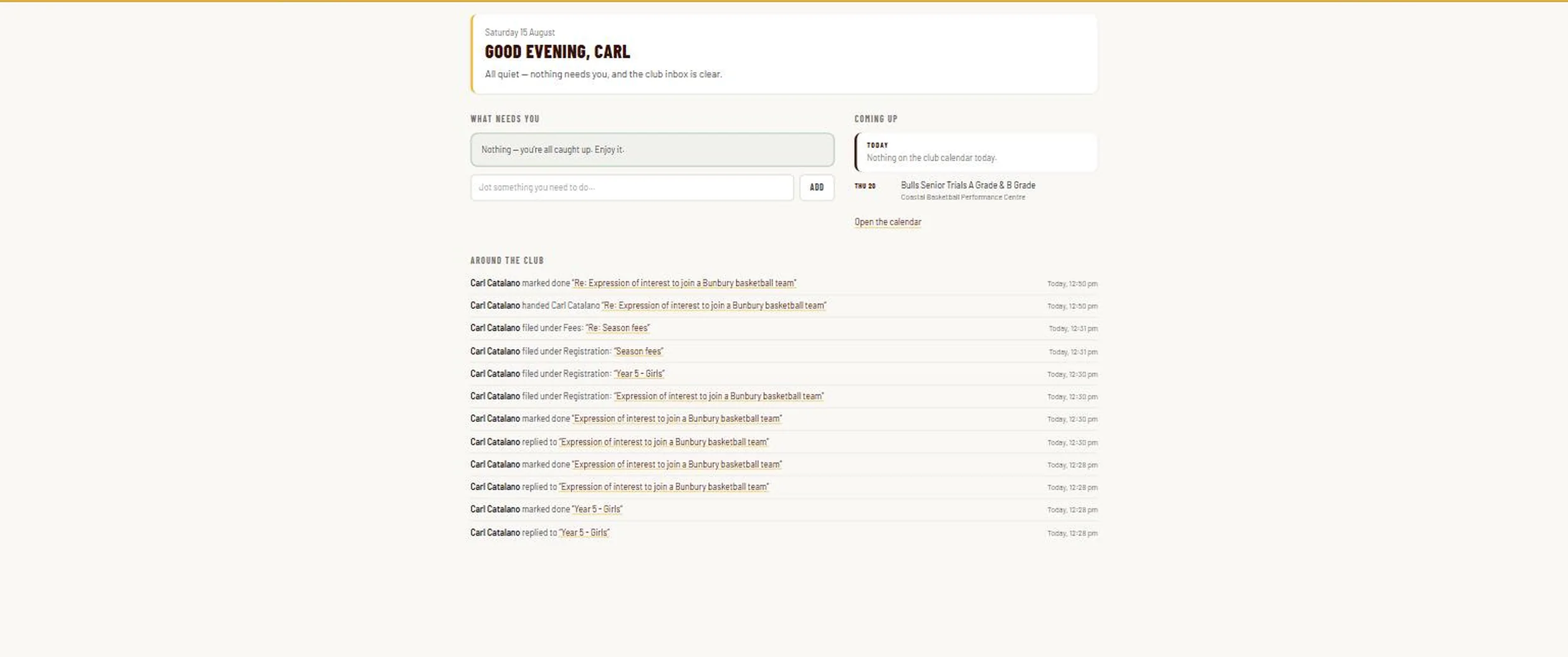 The BullsHub committee dashboard, showing what needs attention and recent club activity